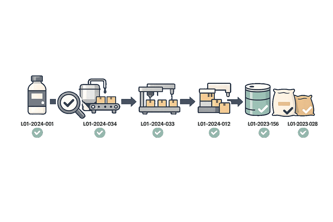 Lot genealogy tree diagram showing hierarchical visualization of lot relationships from raw materials through intermediate production to finished products with parent-child connections