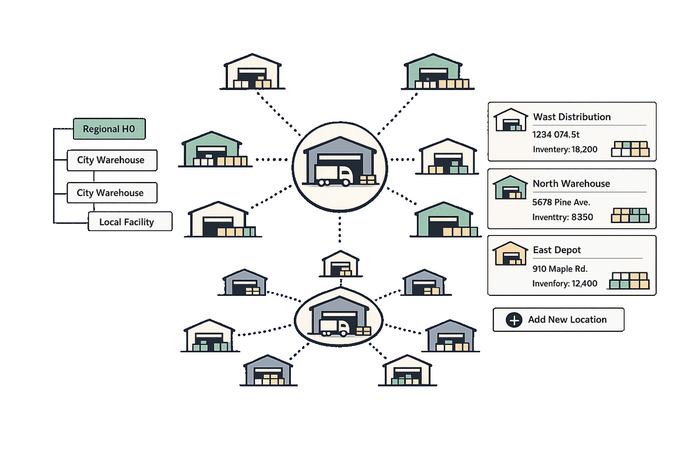 Warehouse network location management interface showing interconnected warehouse facilities, location hierarchy tree, and hub-and-spoke distribution center network