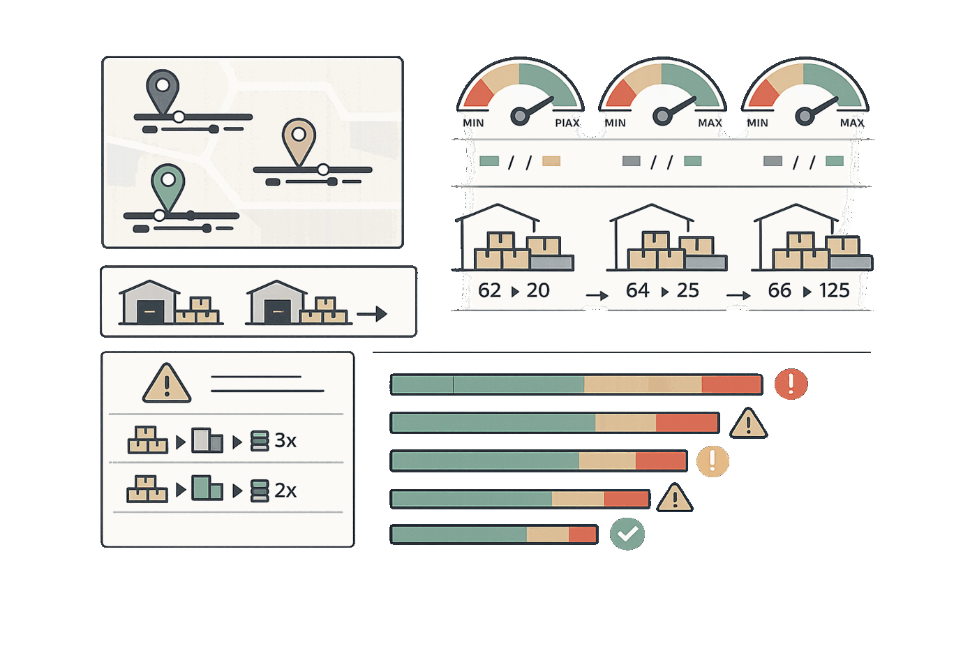 Inventory reorder point optimization dashboard showing location-specific reorder thresholds, safety stock level gauges, automatic reorder point calculations per warehouse, and low stock warning alerts with reorder quantity recommendations