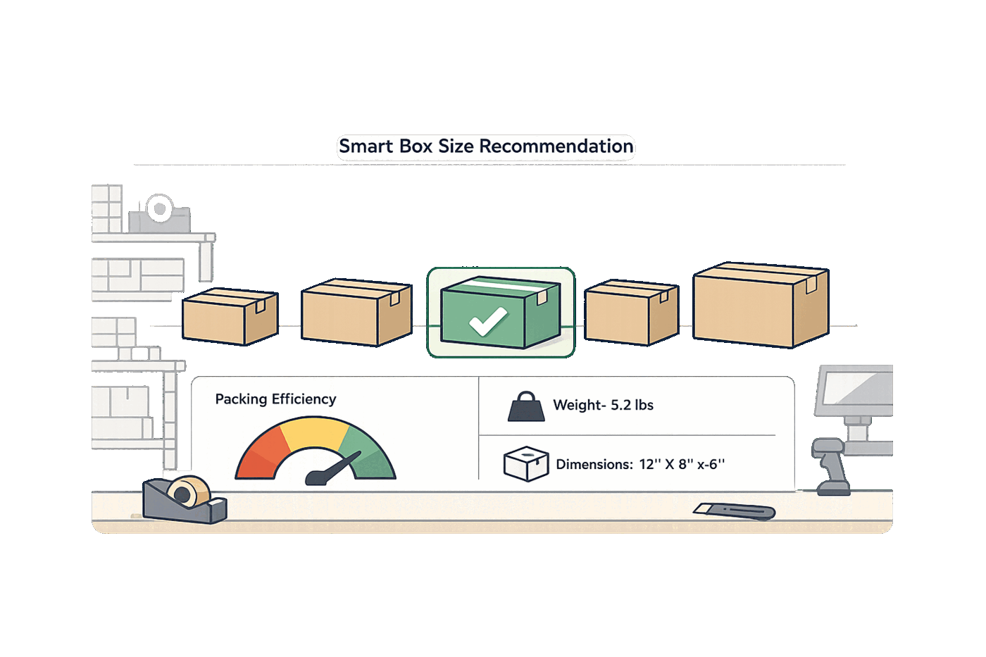 Packing optimization interface showing smart box size recommendations with multiple cardboard box options, optimal box selection based on order items, packing efficiency indicator, package weight and dimension calculations