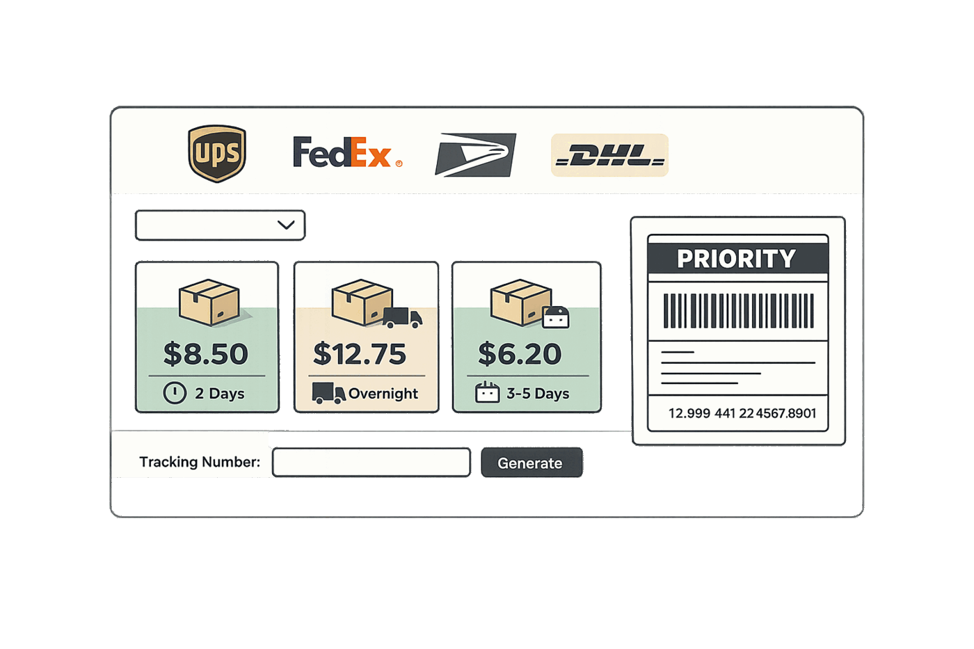 Shipping integration dashboard showing multiple carrier options with UPS, FedEx, USPS, and DHL, rate comparison cards, carrier selection dropdown, and shipping label preview