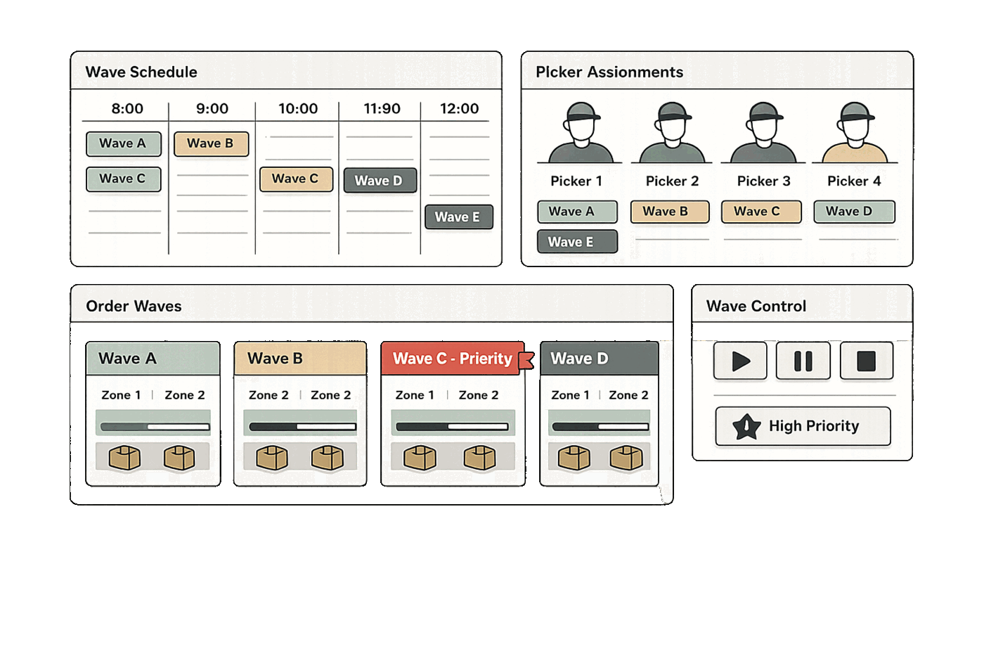 Wave picking management dashboard showing multiple order waves grouped by zones, wave scheduling board with time slots, picker assignments to waves, order batches consolidated into waves with progress indicators, and wave release controls