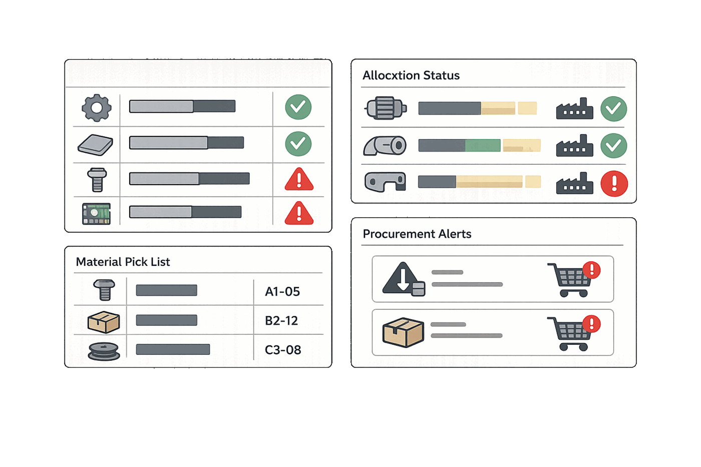 Material requirements planning dashboard showing material requirements list with component quantities, inventory availability status indicators, allocation status for work orders, material pick lists with warehouse locations, and procurement trigger notifications