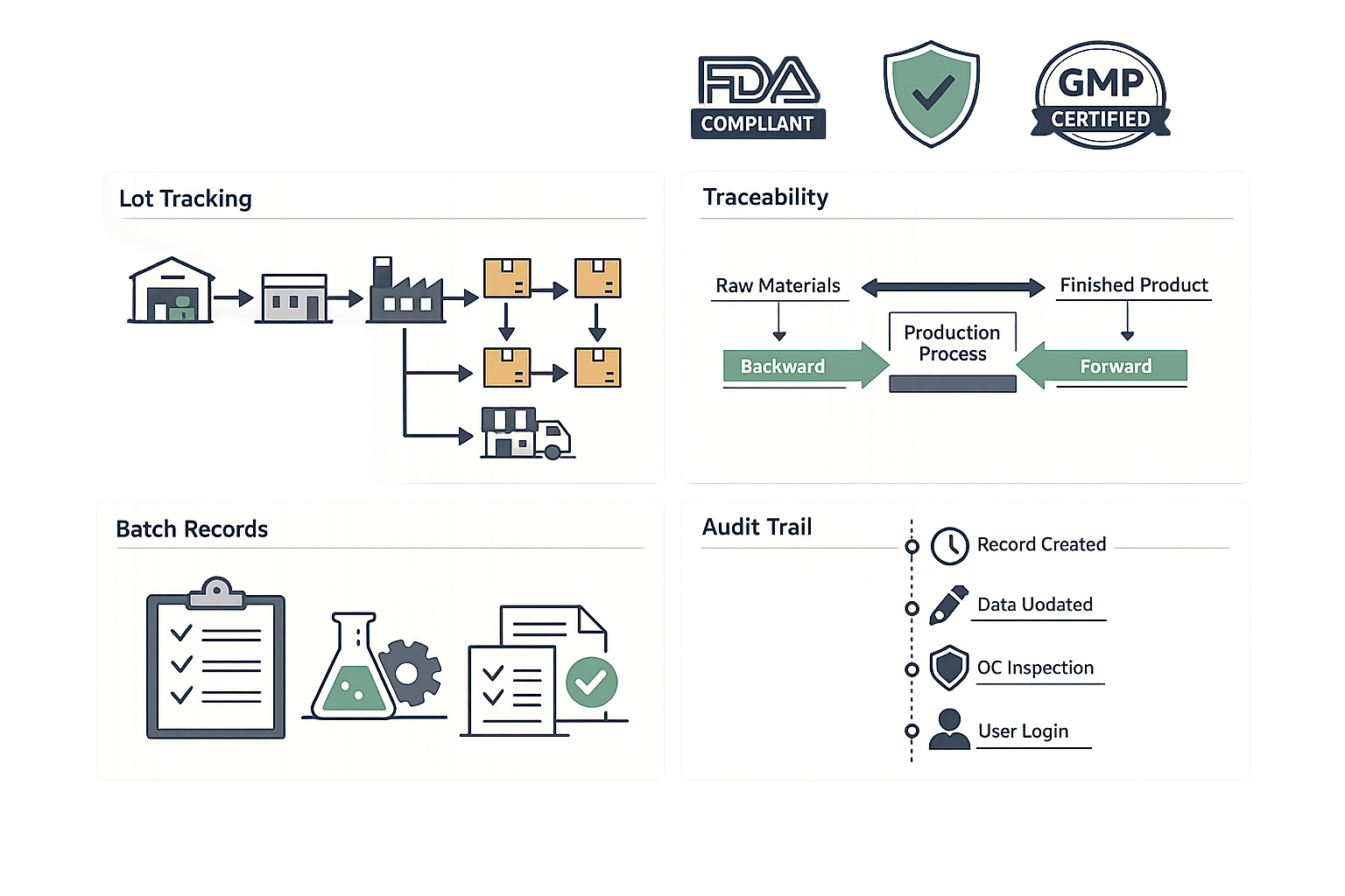 Traceability and compliance software showing lot tracking and FDA compliance features