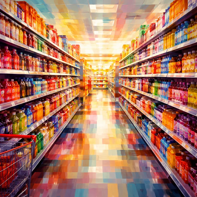 Retail store aisle with food brand products on shelves